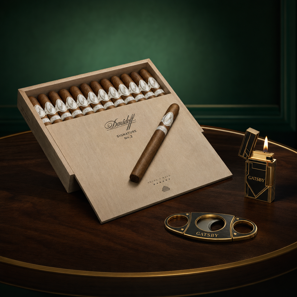 A premium maduro cigar with a gold band on a cream background