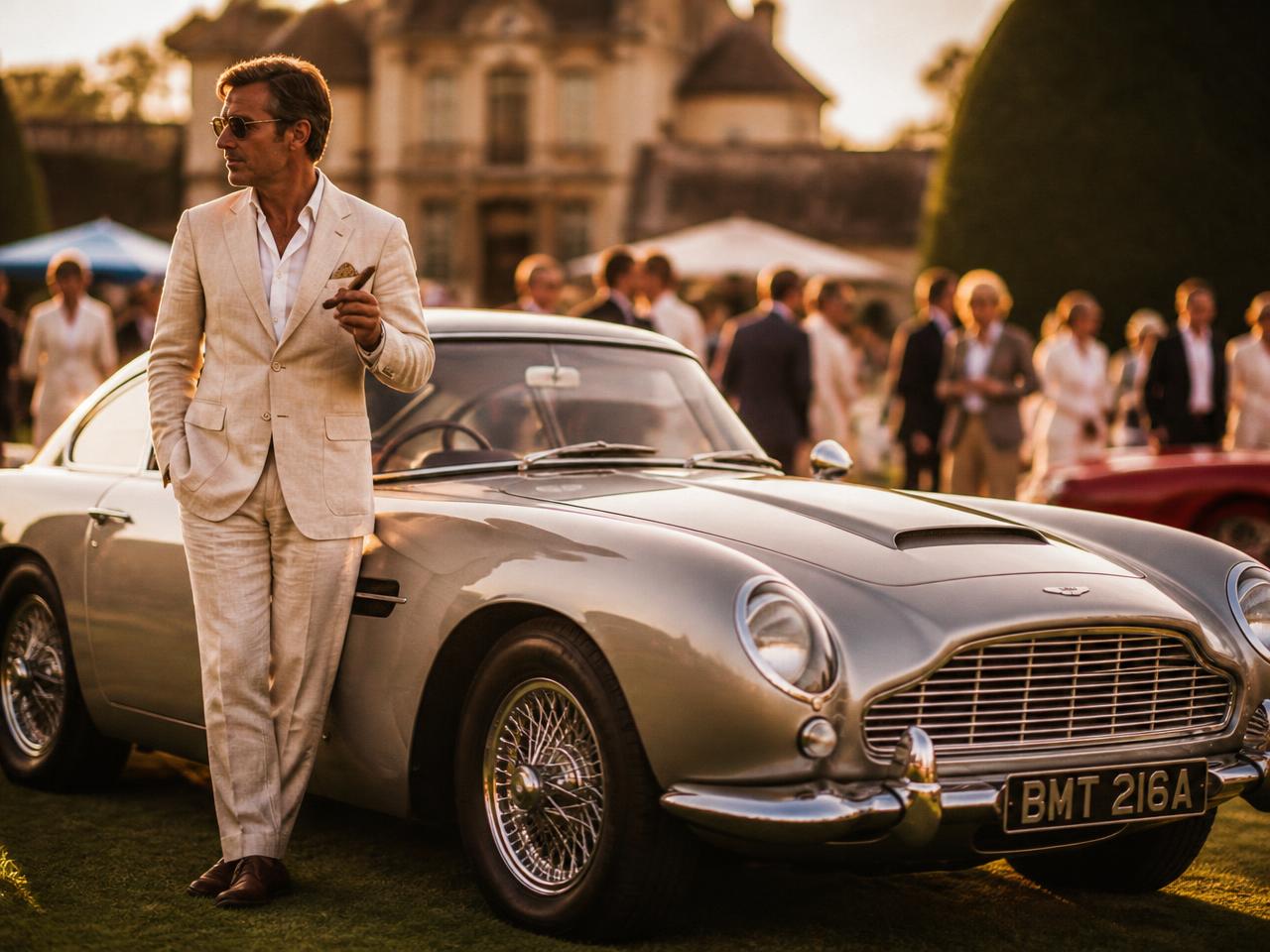 A member in a linen suit with a cigar beside a vintage silver sports car at a country estate